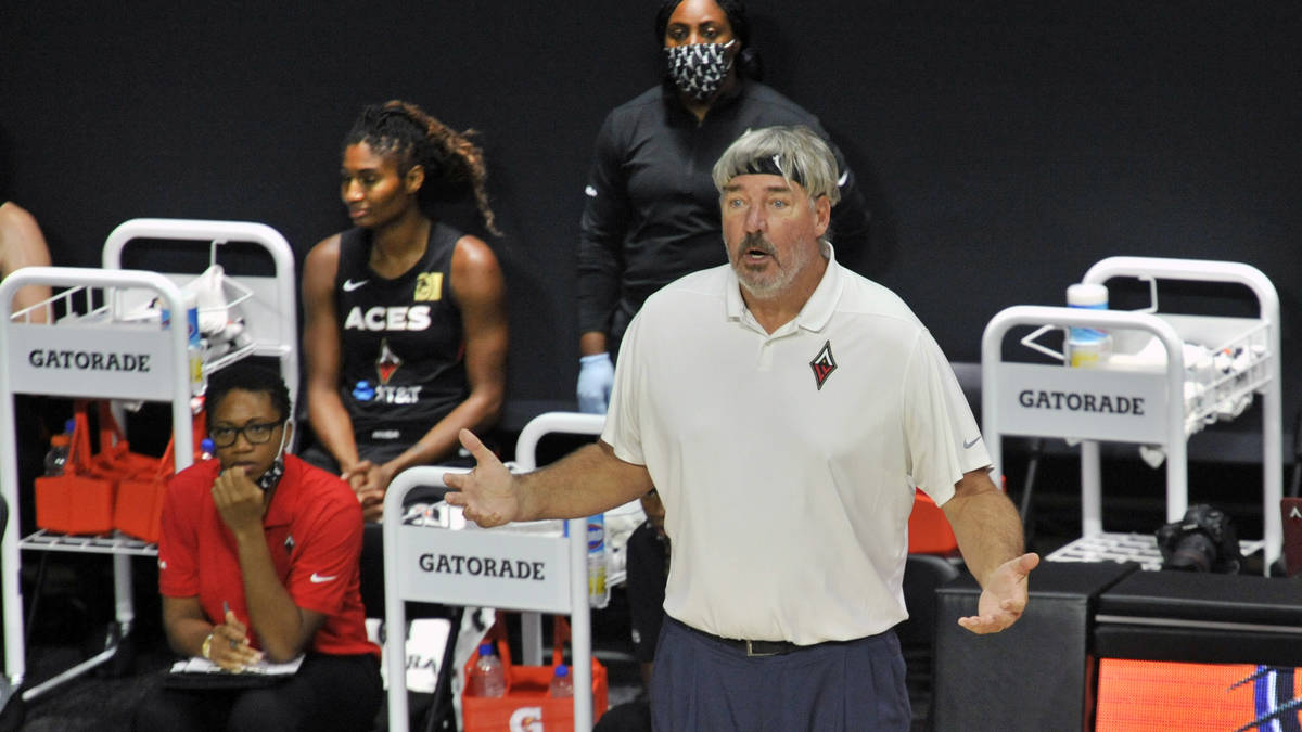 Las Vegas Aces coach Bill Laimbeer questions a call during the first half of the team's WNBA ba ...