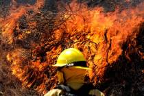 A firefighter watches the Apple Fire in Banning, Calif., Sunday, Aug. 2, 2020. (AP Photo/Ringo ...