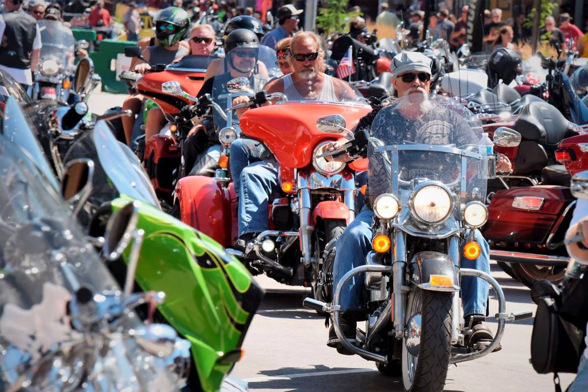 Heavy traffic is seen on legendary Main Street in Sturgis, S.D., South Dakota, in 2019. (Jim Ho ...