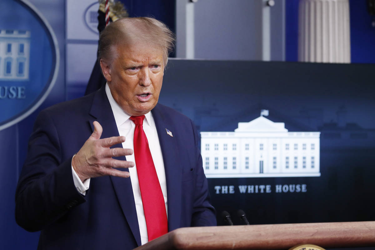 President Donald Trump speaks during a briefing with reporters in the James Brady Press Briefin ...