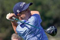 In a Feb. 12, 2020, file photo, Justin Thomas hits his tee shot on the 17th hole during the Gen ...