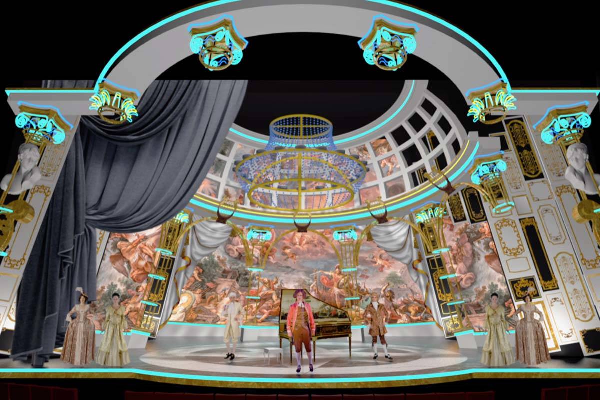 Renderings of sets by scenic designer Andy Walmsley for the production of "Steve Aoki Moza ...