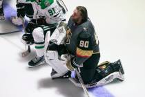 Dallas Stars' Jason Dickinson (18), Tyler Seguin (91) and Vegas Golden Knights' Ryan Reaves (75 ...