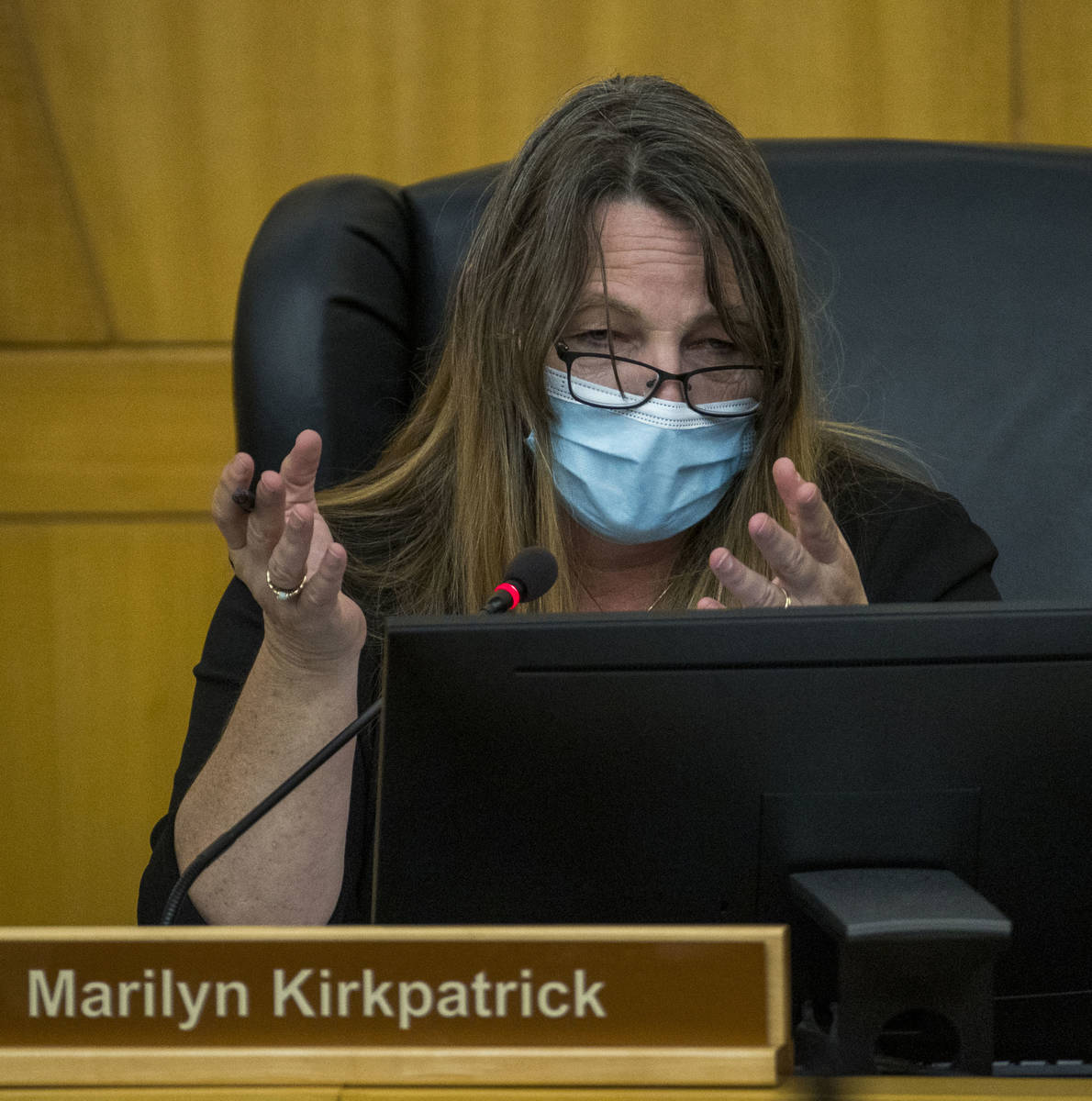Commissioner Marilyn Kirkpatrick speaks as chairperson during a Clark County Board of Commissio ...