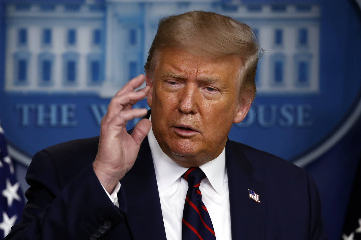 President Donald Trump speaks during a briefing with reporters in the James Brady Press Briefin ...