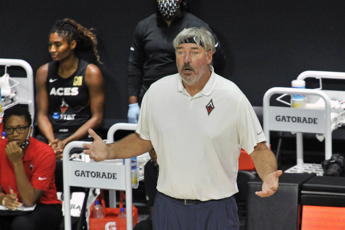Las Vegas Aces coach Bill Laimbeer questions a call during the first half of the team's WNBA ba ...