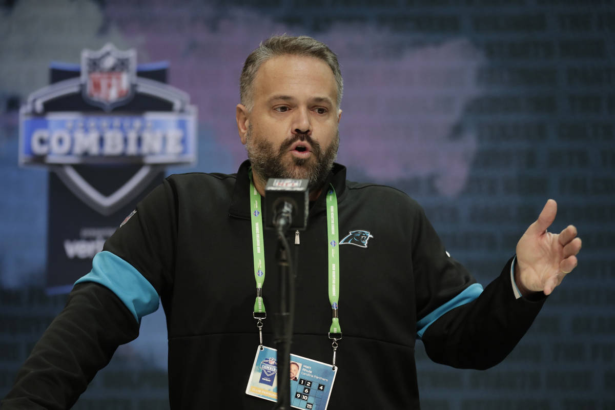 FILE - In this Feb. 25, 2020, file photo, Carolina Panthers head coach Matt Rhule speaks during ...