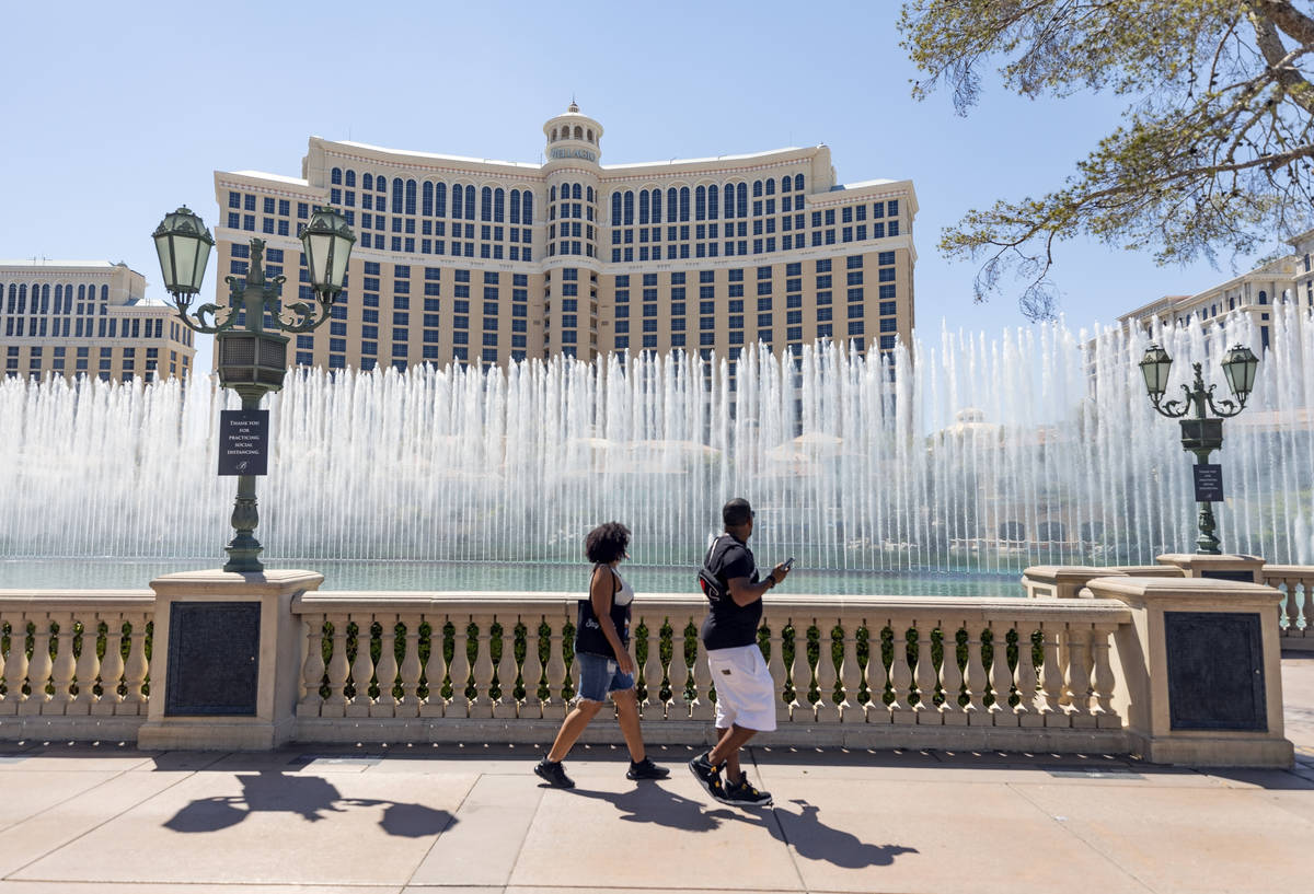 A view of the Bellagio is seen on the Strip, Thursday, Aug. 6, 2020, in Las Vegas. (Elizabeth B ...