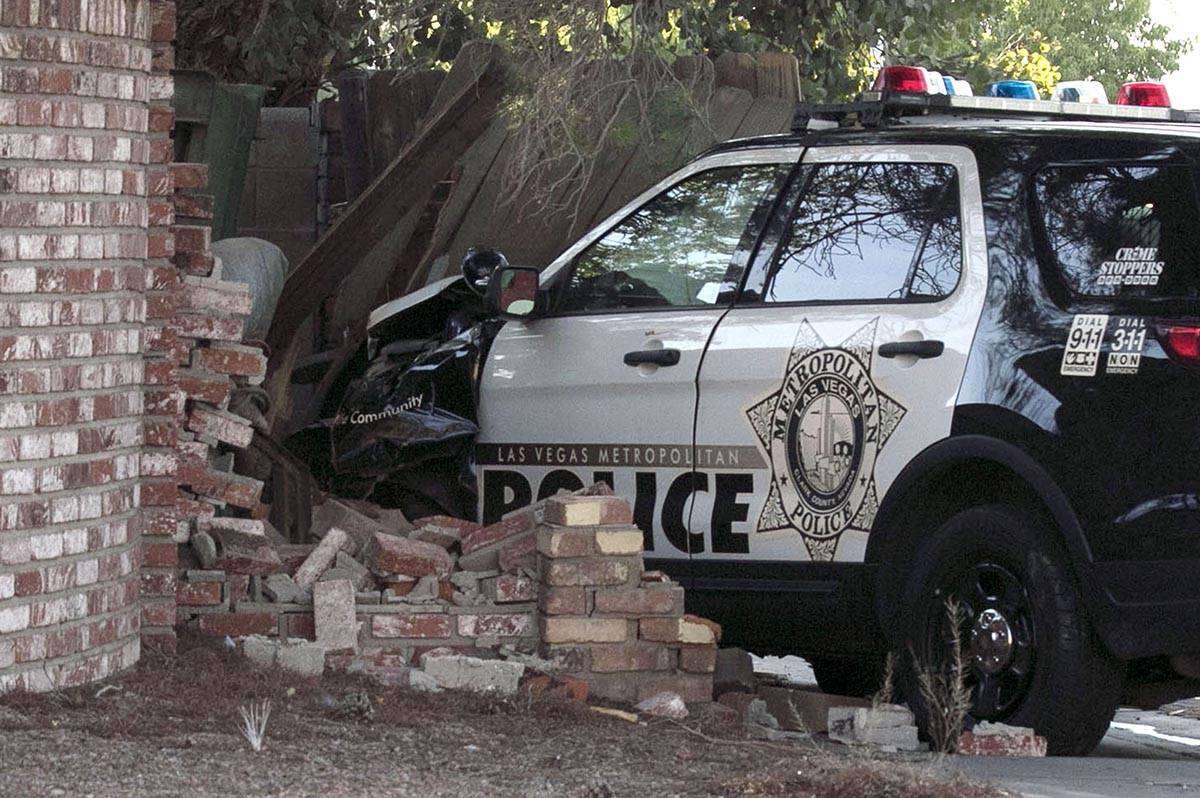A Las Vegas police unit crashed into a wall during pursuit at Arville Street and El Camino Aven ...