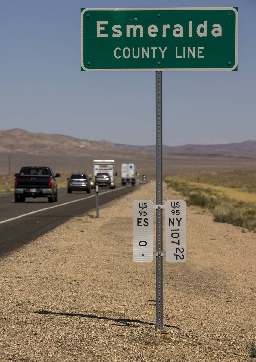 Vehicles make their way north on I-95 across the Esmeralda County line on Tuesday, August 11, 2 ...