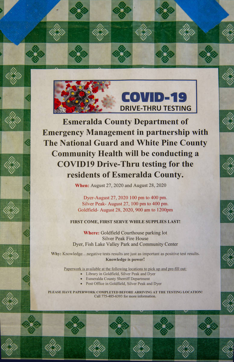 A new flyer for upcoming COVID-19 testing on a table in the Dinky Diner in Goldfield along I-95 ...