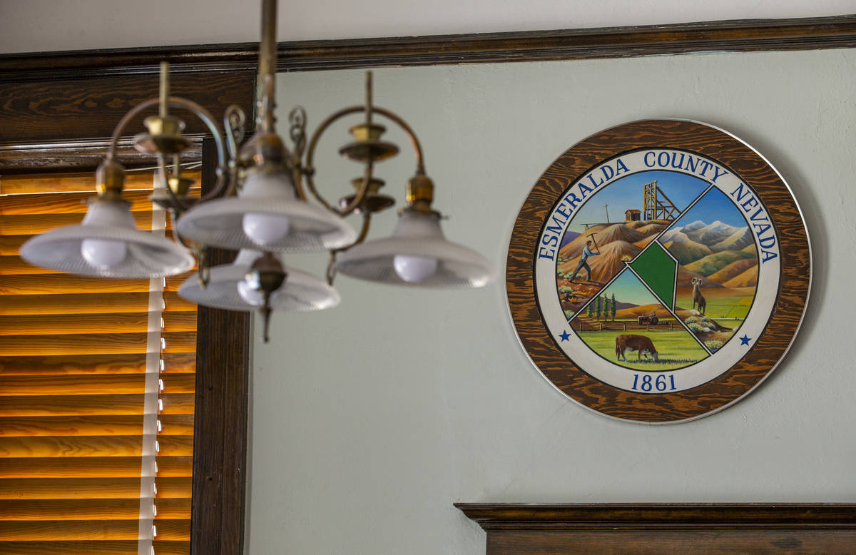 An Esmeralda County seal hangs within the courtroom at the courthouse on Tuesday, August 11, 20 ...