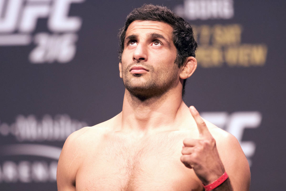 UFC lightweight Beneil Dariush on the scale at the T-Mobile Arena for the UFC 216 ceremonial we ...