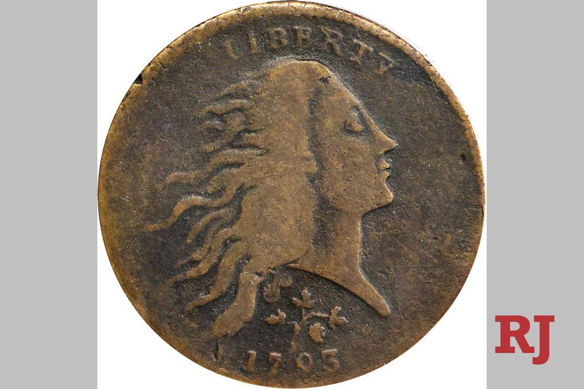 This 1793 Strawberry Leaf cent sold for $660,000 at an auction at Bellagio on Aug. 6, 2020. (Co ...