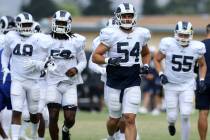 Los Angeles Rams linebacker Bryce Hager (54) runs out on the field during a joint NFL training ...