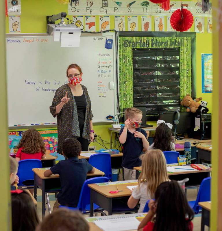 Kindergarten lead Sheryl Davis-Haas instructs students during the first day of school at Shenke ...