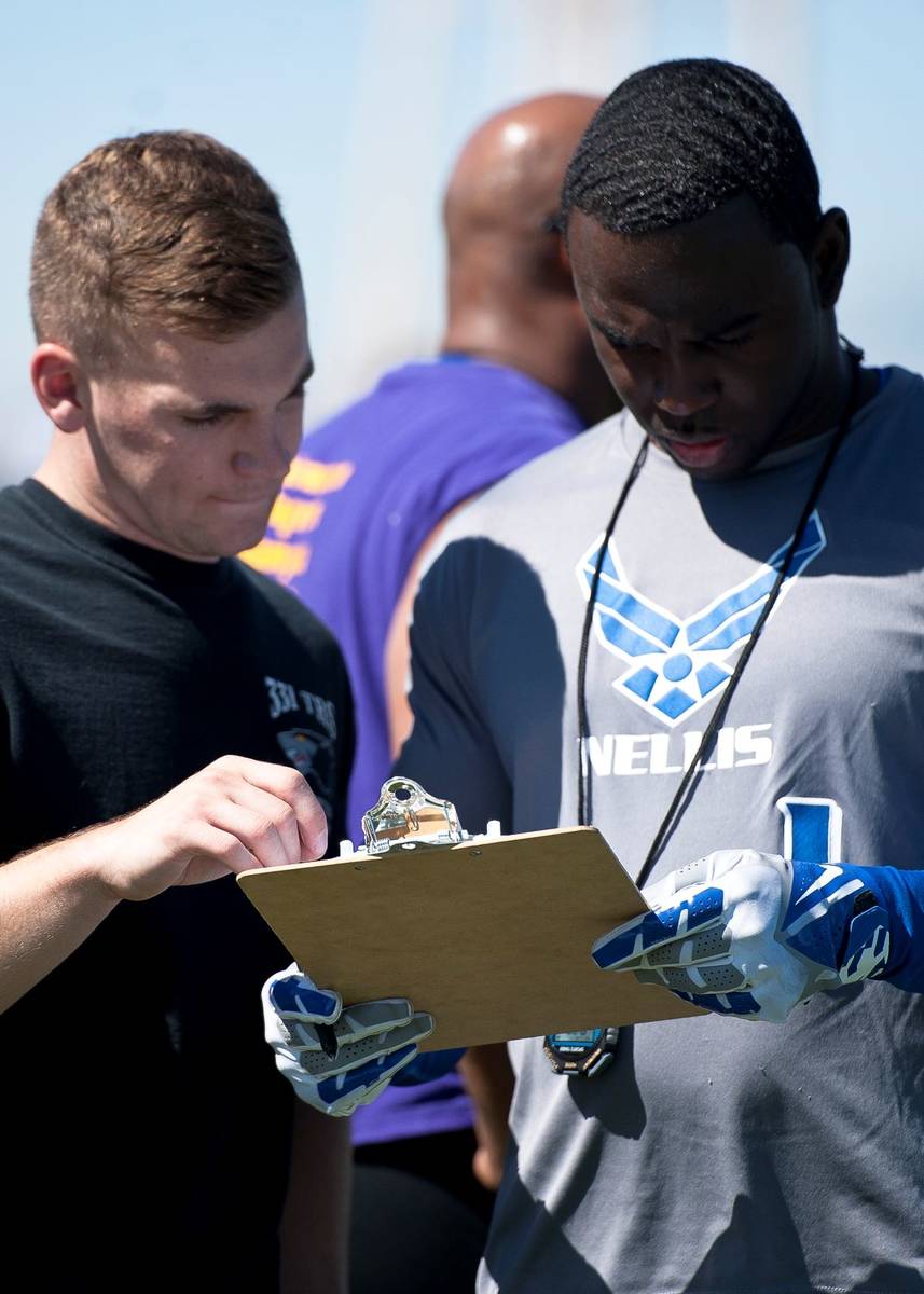 Zac Crawford, (left) 99th Logistics Readiness Squadron, gives his 40-yard dash time to Terrence ...