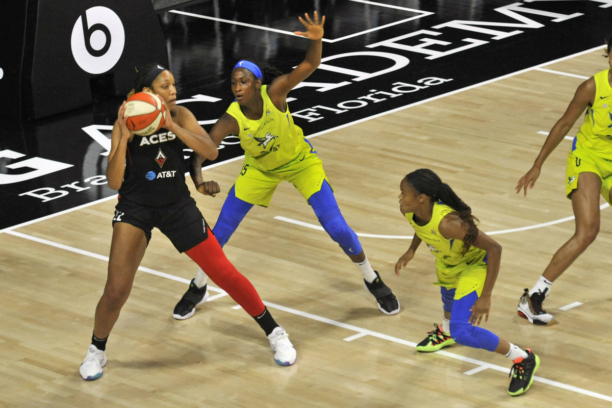 Las Vegas Aces' A'ja Wilson, left, looks to pass while under pressure from Dallas Wings' Astou ...