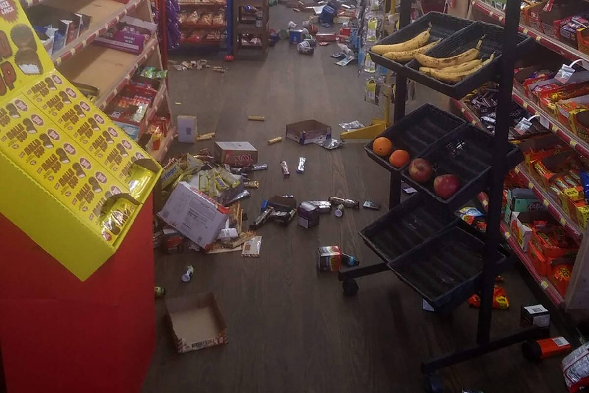 Various items litter the floor of the 4 Brothers Store in Sparta, N.C. after an earthquake shoo ...