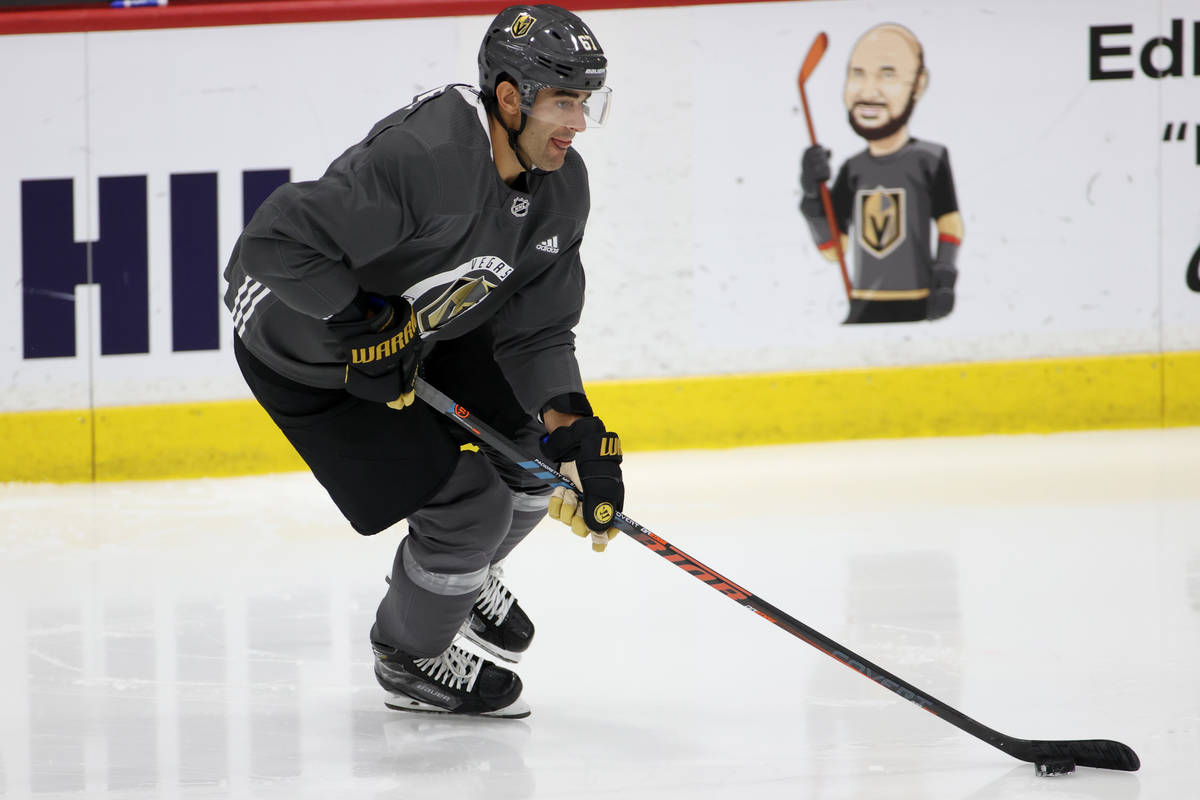 Vegas Golden Knights left wing Max Pacioretty (67) skates with the puck during a team practice ...