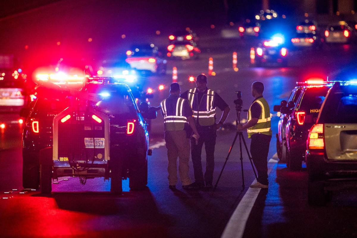 Nevada Highway Patrol and Las Vegas Police work a vehicle versus pedestrian fatal on northbound ...