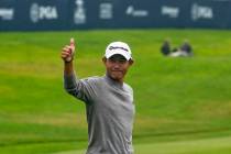 Collin Morikawa celebrates after winning the PGA Championship golf tournament at TPC Harding Pa ...