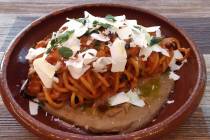 Esther's Kitchen's Pasta alla Norma, bucatini with eggplant, tomato and ricotta salata, fried o ...