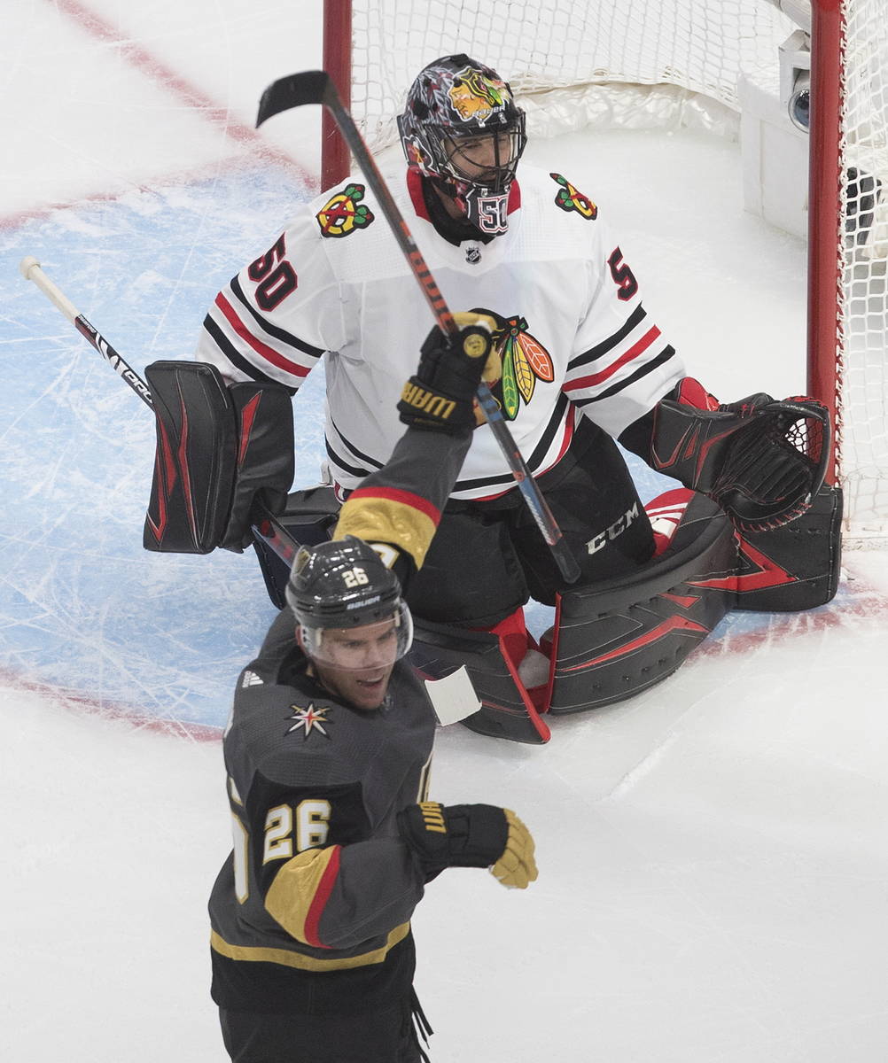 Vegas Golden Knights' Paul Stastny (26) celebrates a Vegas goal against Chicago Blackhawks goal ...