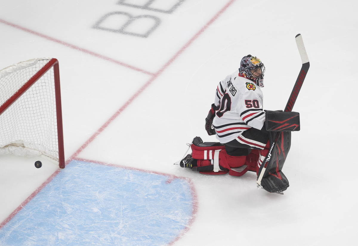 Chicago Blackhawks' goalie Corey Crawford gives up a goal to the Vegas Golden Knights during th ...