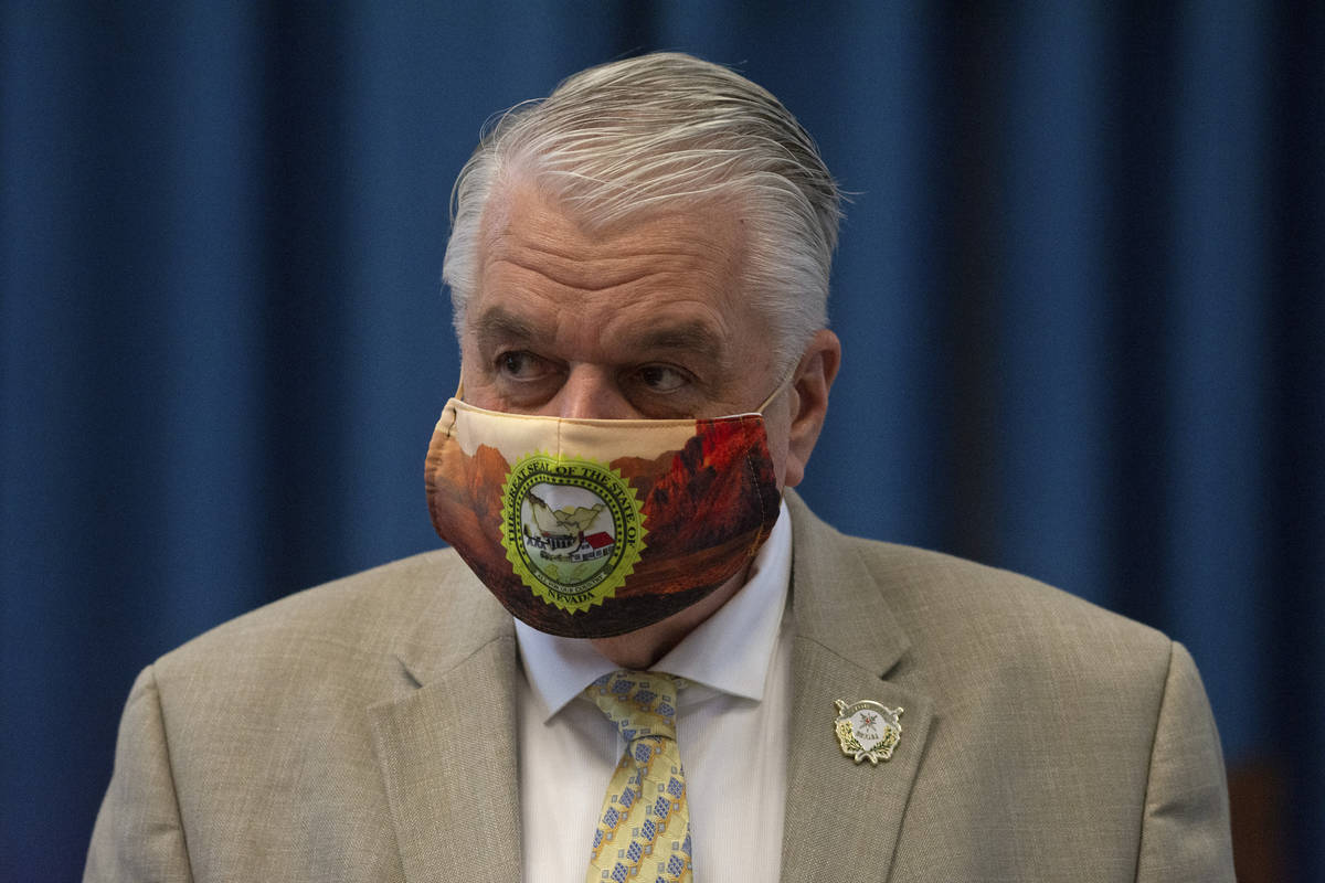 This Aug. 3, 2020, file photo shows Nevada Gov. Steve Sisolak during a press conference in the ...