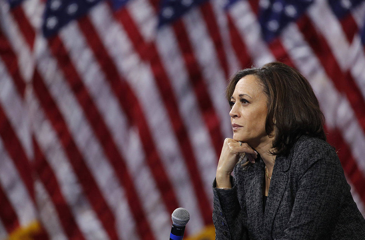FILE - In this Oct. 2, 2019, file photo, then -Democratic presidential candidate Sen. Kamala Ha ...