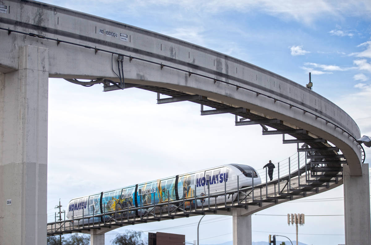 A Las Vegas Monorail travels east along West Sahara Avenue on Saturday, March 7, 2020, in Las V ...