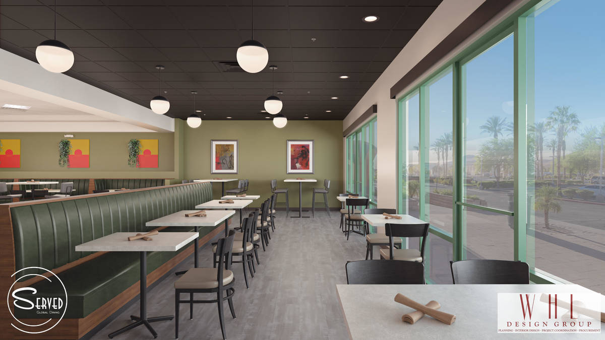Rendering of dining area at future Served Global Cuisine. (WHL Design Group)