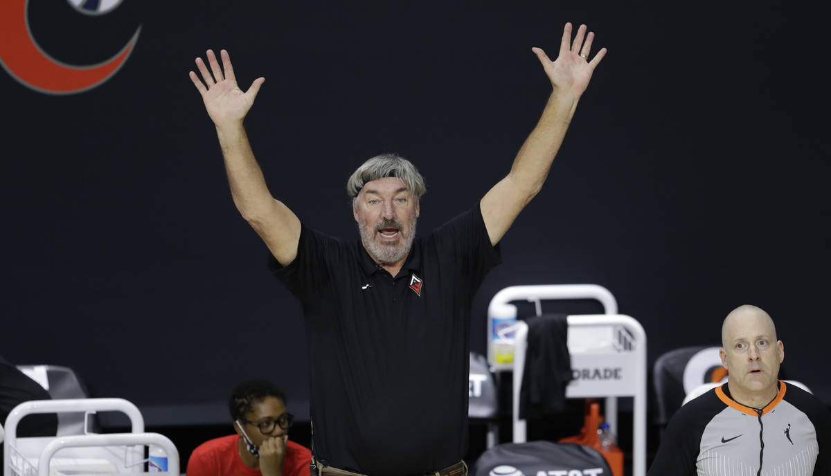 Las Vegas Aces head coach Bill Laimbeer during the second half of a WNBA basketball game agains ...