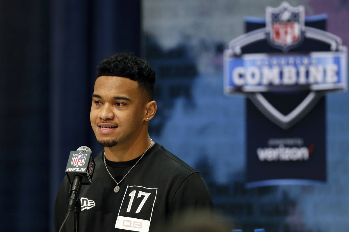 FILE - In this Feb. 25, 2020, file photo, Alabama quarterback Tua Tagovailoa speaks during a pr ...
