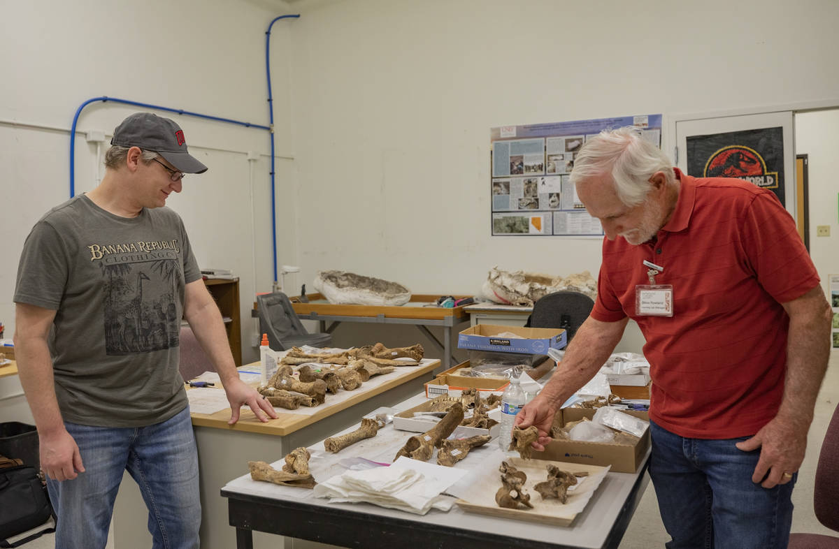 Graduate student Eric Chameroy, left, and professor of geology at UNLV Steve Rowland, looks at ...