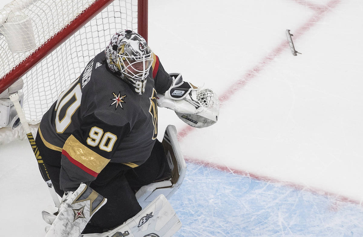 Vegas Golden Knights goalie Robin Lehner loses his skate blade for the second time during the s ...