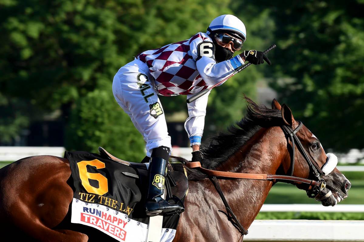 In a photo provided by the NYRA, jockey Manny Franco reacts after crossing the finish line with ...