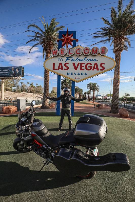 Las Vegas singer/songwriter Franky Perez is shown at the Welcome to Fabulous Las Vegas sign at ...