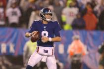 FILE - In this Dec. 29, 2019, file photo, New York Giants quarterback Daniel Jones (8) looks to ...