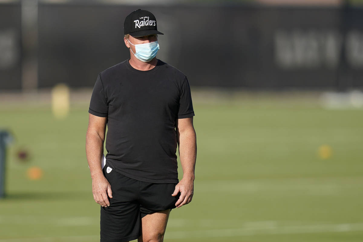 Las Vegas Raiders head coach Jon Gruden watches during an NFL football training camp practice T ...