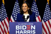 Sen. Kamala Harris, D-Calif., speaks after Democratic presidential candidate former Vice Presid ...