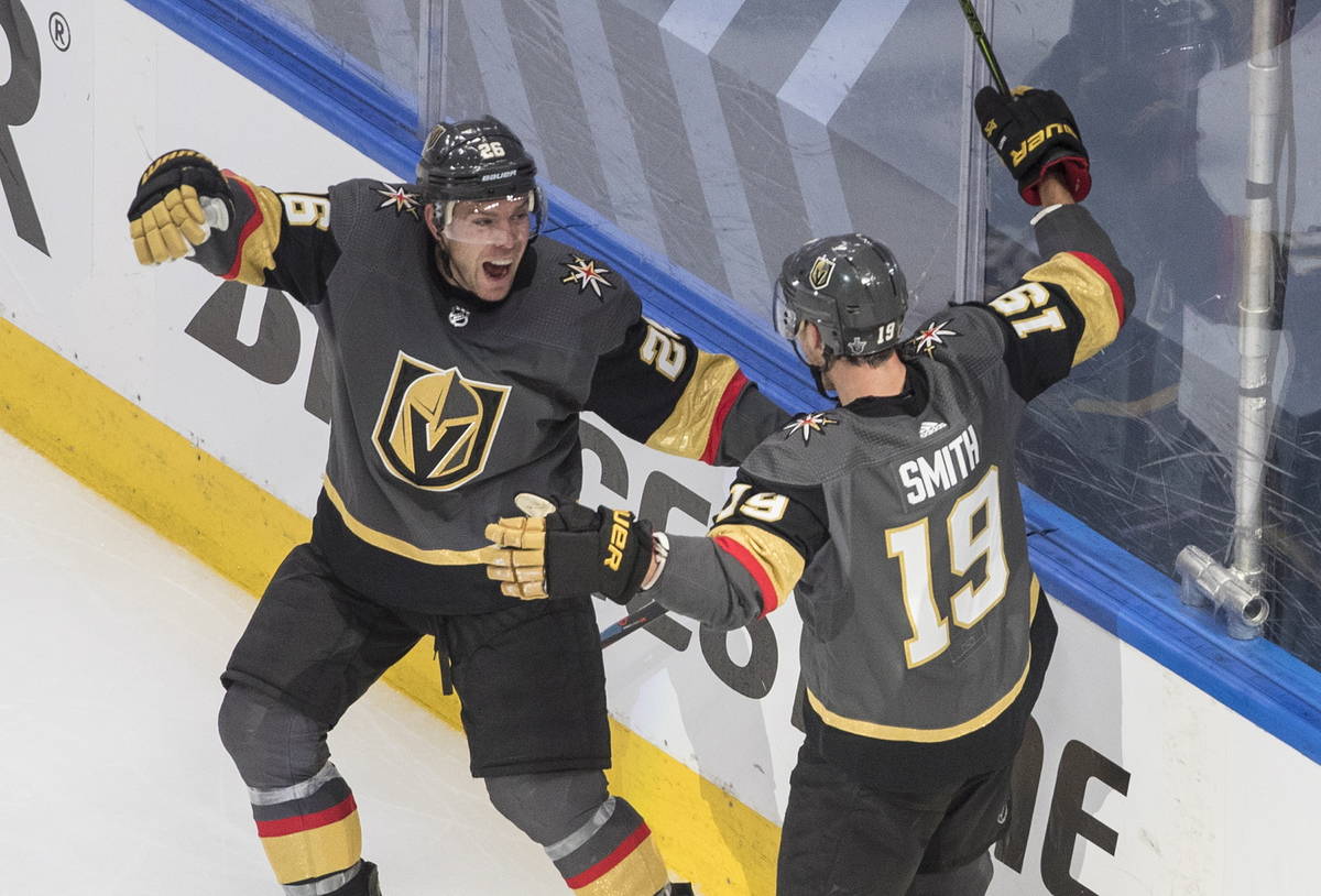Vegas Golden Knights' Paul Stastny (26) and Reilly Smith (19) celebrate a goal against the Chic ...