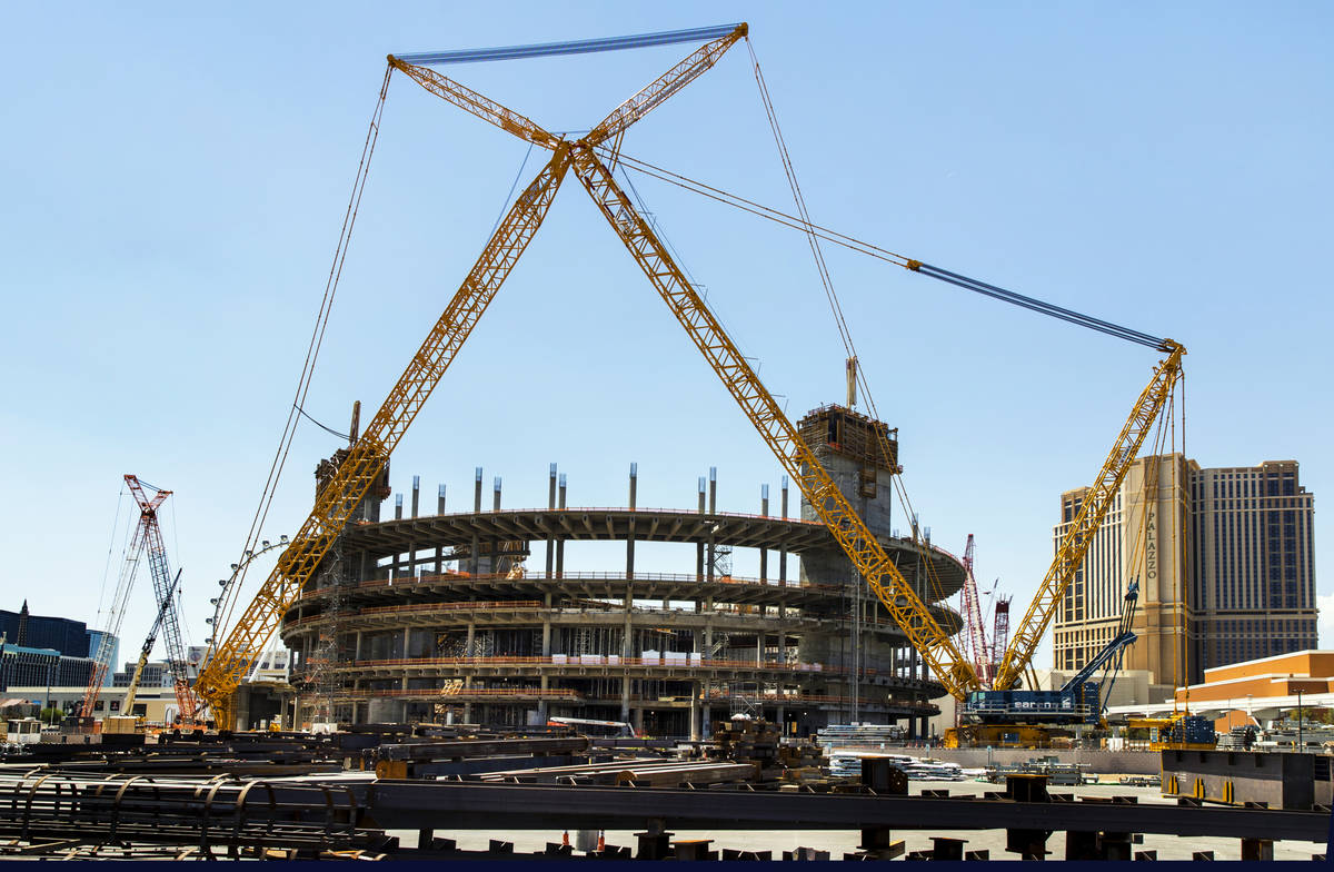 The MSG Sphere at The Venetian construction site remains dormant on Friday, Aug. 14, 2020, in ...
