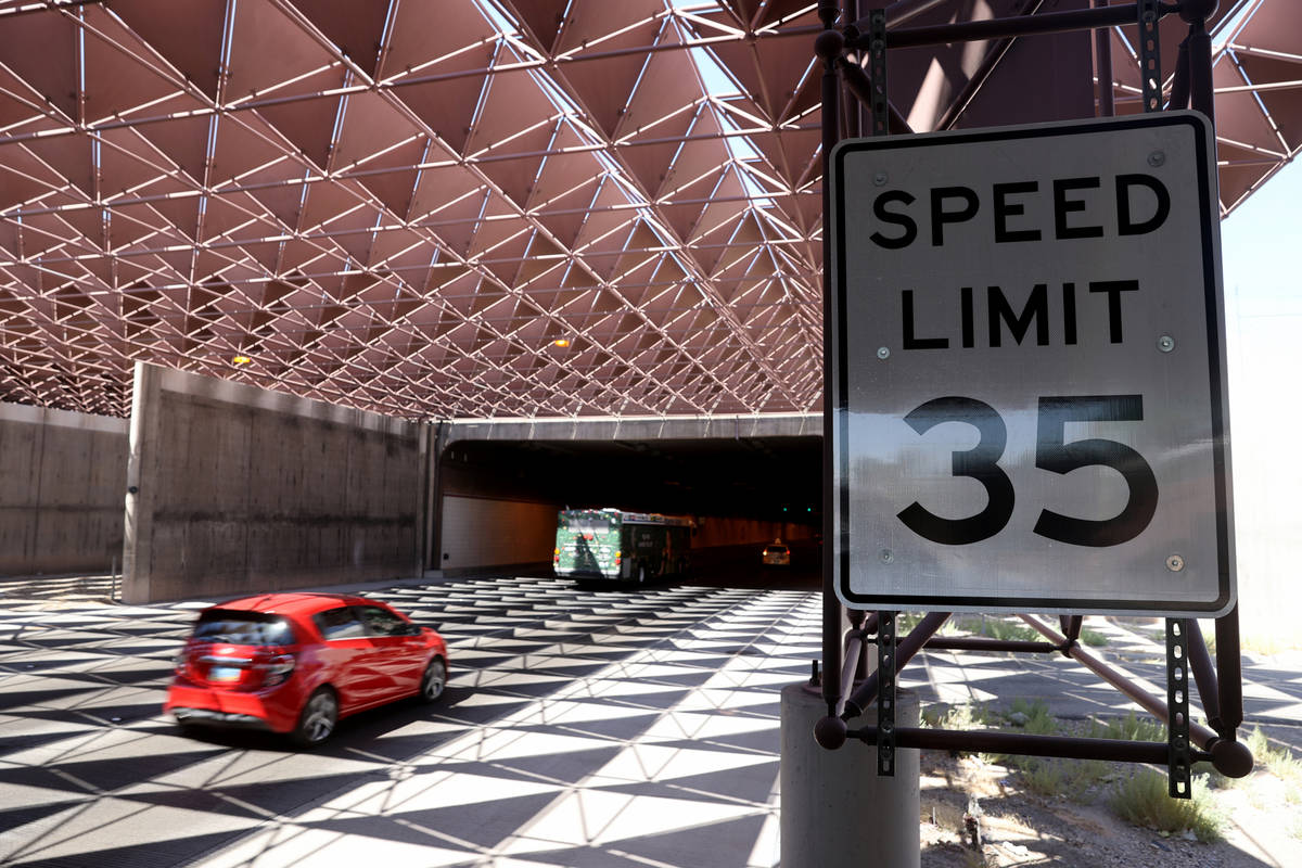 A speed limit sign leading into the airport connector tunnel at McCarran International Airport ...