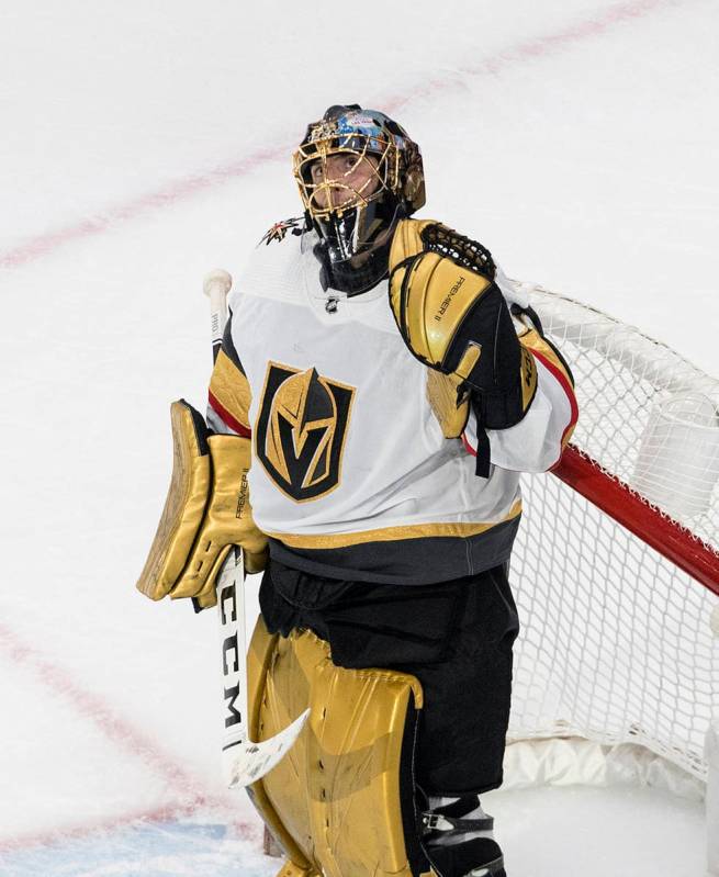 Vegas Golden Knights goalie Marc-Andre Fleury (29) reacts to the win over the Chicago Blackhawk ...