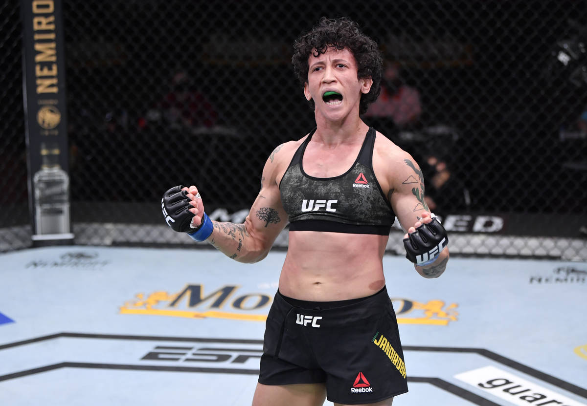 LAS VEGAS, NEVADA - AUGUST 15: Virna Jandiroba of Brazil celebrates after her submission victor ...