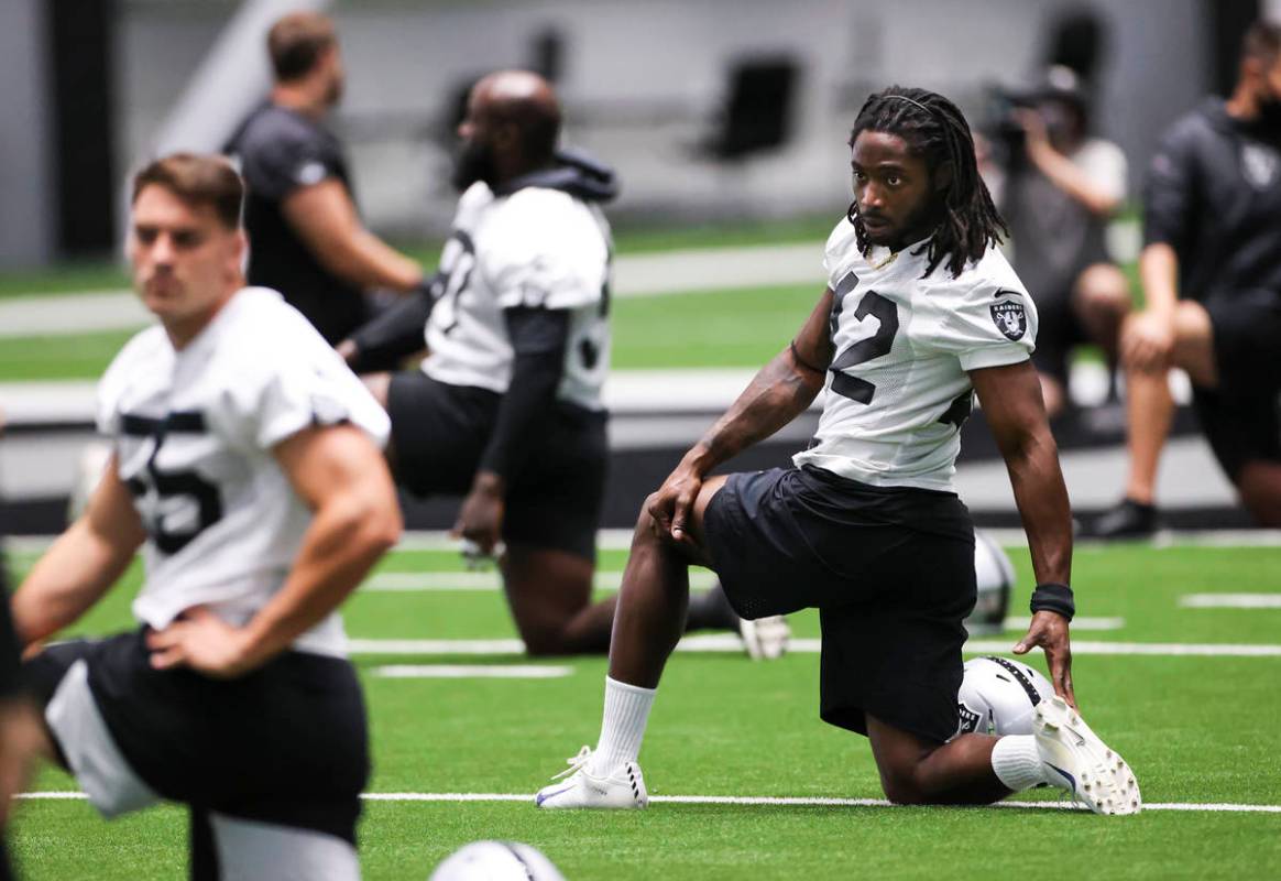 Las Vegas Raiders linebacker Cory Littleton (42) stretches during an NFL football training camp ...