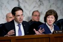In this March 21, 2018 file photo, Sen. Marco Rubio, R-Fla., left, accompanied by Sen. Susan Co ...