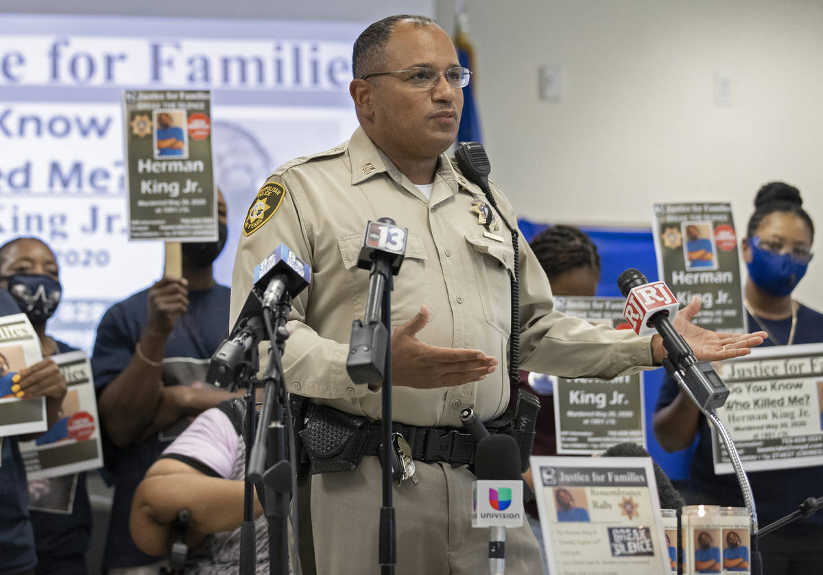 Metro Capt. Carlos Hank addresses news media on Tuesday, Aug. 18, 2020, in Las Vegas during a p ...